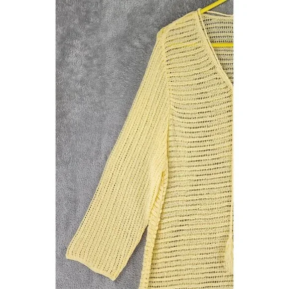 Chicos Shirt Womens Size 3 Yellow Open Knit V Neck Tassels 3/4 Sleeve Loose Top - Picture 9 of 10